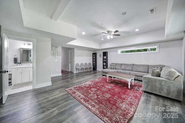 463 Lake Wylie Rd, Belmont, NC 28012 - living room featuring a ceiling fan, wood finished floors, and recessed lighting