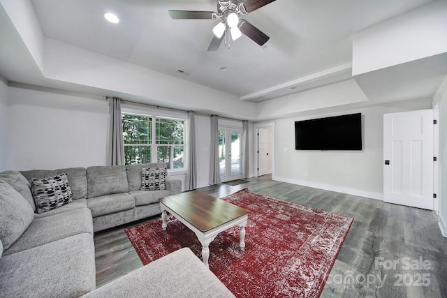 463 Lake Wylie Rd, Belmont, NC 28012 - living room with a raised ceiling, wood finished floors, a ceiling fan, and recessed lighting