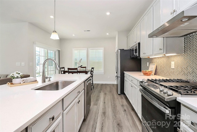 1032 Barnette Farm Ln, Monroe, NC 28110 - kitchen featuring stainless steel appliances, under cabinet range hood, light wood-style flooring, light countertops, and decorative backsplash