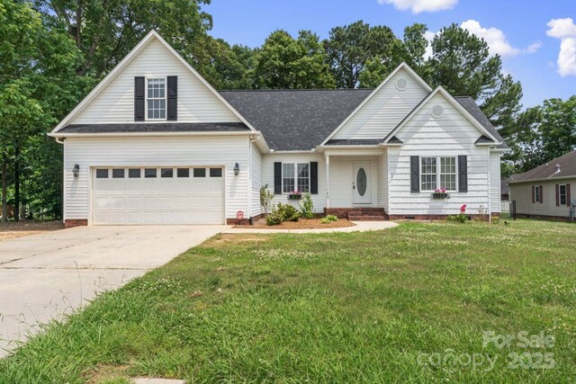 145 Mcbride Dr, Rockwell, NC 28138 - traditional-style house featuring driveway, a front yard, crawl space, roof with shingles, and a garage
