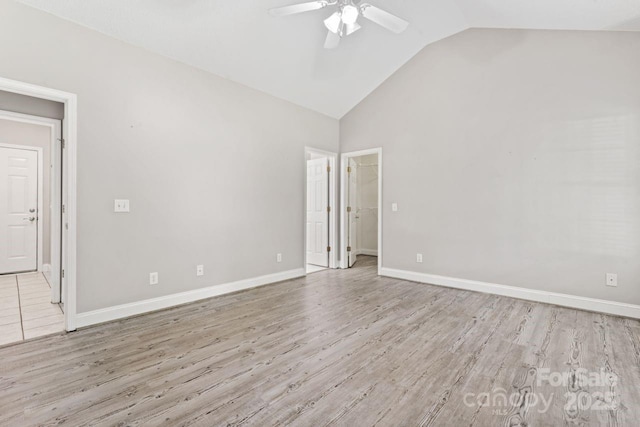 145 Mcbride Dr, Rockwell, NC 28138 - unfurnished room featuring a ceiling fan, wood finished floors, baseboards, and high vaulted ceiling