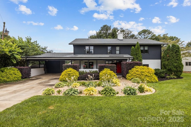 15921 Cramur Dr, Huntersville, NC 28078 - traditional home featuring a front yard, driveway, a carport, and a chimney