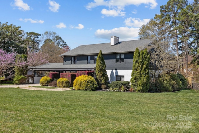 15921 Cramur Dr, Huntersville, NC 28078 - rear view of house featuring driveway, a chimney, roof with shingles, and a yard