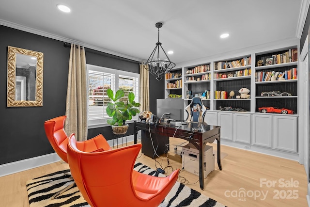15921 Cramur Dr, Huntersville, NC 28078 - office with ornamental molding, a notable chandelier, light wood finished floors, and recessed lighting