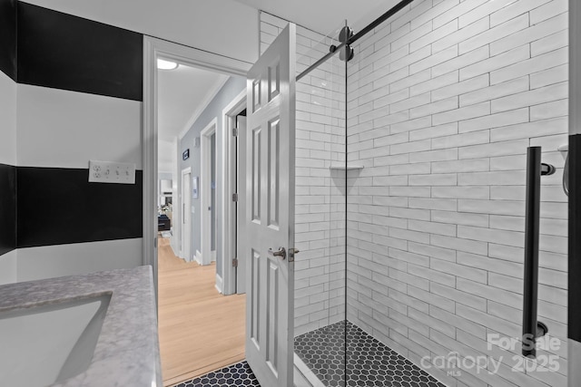15921 Cramur Dr, Huntersville, NC 28078 - bathroom featuring a shower stall and wood finished floors