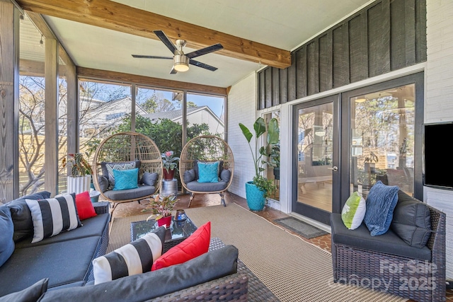 15921 Cramur Dr, Huntersville, NC 28078 - sunroom featuring an outdoor hangout area, beam ceiling, and ceiling fan