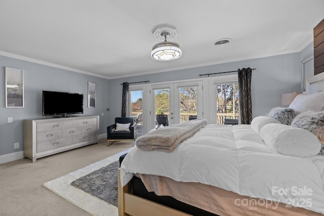 15921 Cramur Dr, Huntersville, NC 28078 - bedroom featuring access to exterior, visible vents, multiple windows, and light carpet