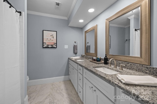 15921 Cramur Dr, Huntersville, NC 28078 - bathroom with marble finish floor, baseboards, crown molding, and a sink