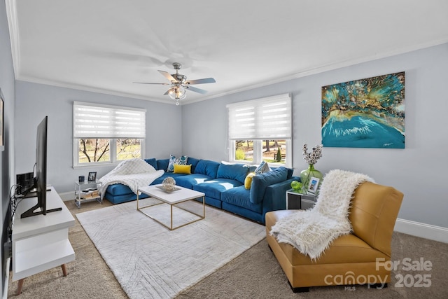15921 Cramur Dr, Huntersville, NC 28078 - carpeted living room with a ceiling fan, plenty of natural light, ornamental molding, and baseboards