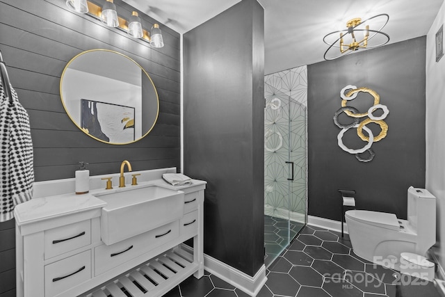 15921 Cramur Dr, Huntersville, NC 28078 - bathroom with tile patterned flooring, vanity, toilet, baseboards, and walk in shower