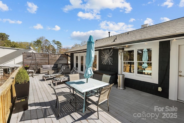 15921 Cramur Dr, Huntersville, NC 28078 - wooden terrace featuring an outdoor hangout area, outdoor dining area, and french doors