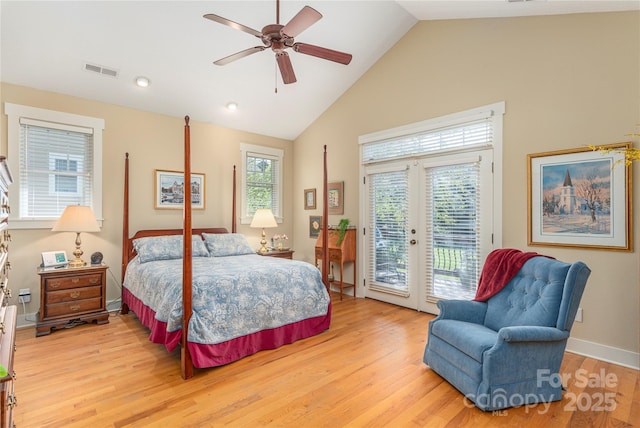 4 Silo View Ct, Asheville, NC 28804 - bedroom featuring access to outside, light wood-type flooring, french doors, high vaulted ceiling, and ceiling fan