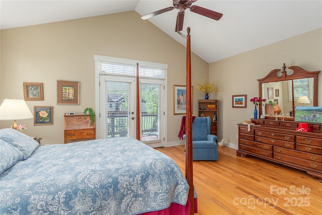 4 Silo View Ct, Asheville, NC 28804 - bedroom featuring access to outside, light wood-style flooring, high vaulted ceiling, baseboards, and a ceiling fan
