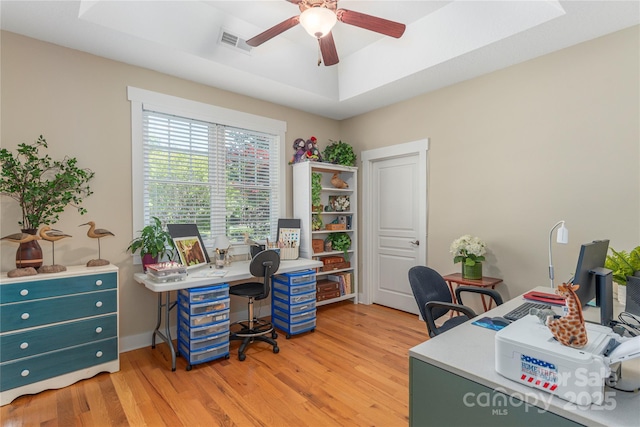 4 Silo View Ct, Asheville, NC 28804 - office with a ceiling fan, light wood-type flooring, and a tray ceiling
