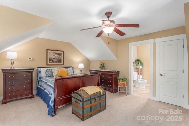 4 Silo View Ct, Asheville, NC 28804 - bedroom with light carpet, connected bathroom, vaulted ceiling, and ceiling fan