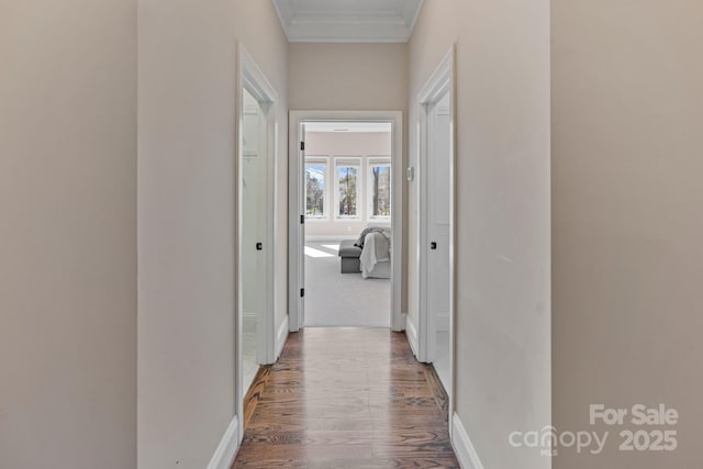 corridor with baseboards, wood finished floors, and crown molding