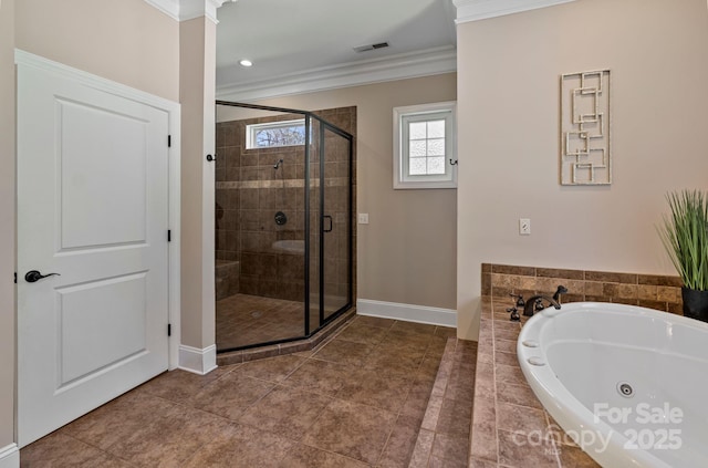 bathroom featuring a stall shower, crown molding, a tub with jets, baseboards, and visible vents