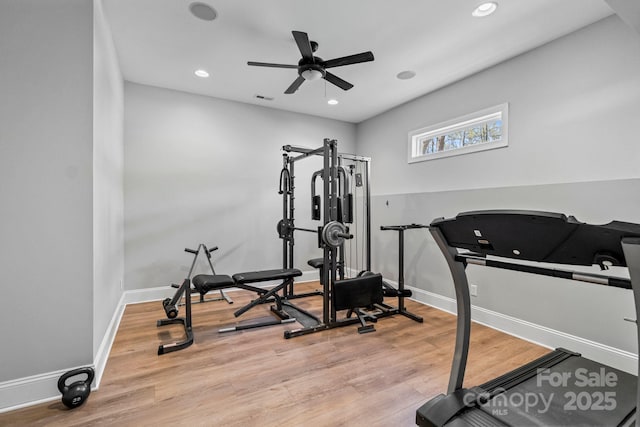 workout room featuring recessed lighting, baseboards, ceiling fan, and wood finished floors