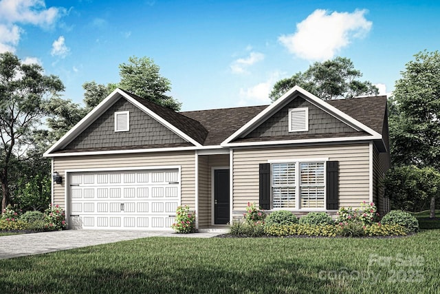 view of front of property with a front lawn, concrete driveway, a garage, and roof with shingles