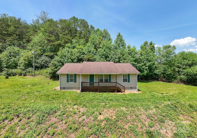 42 Leonard Davis Rd, Robbinsville, NC 28771 - ranch-style home with crawl space, a front yard, a deck, and a wooded view