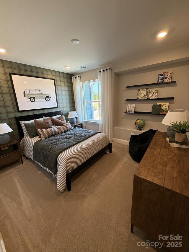 317 Maidstone Dr Unit 57, Monroe, NC 28110 - carpeted bedroom with recessed lighting, visible vents, and wallpapered walls