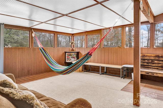 rec room featuring carpet flooring and wooden walls