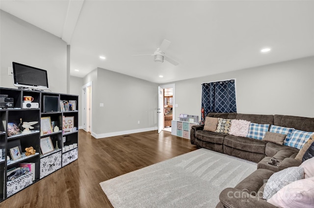 living area with baseboards, wood finished floors, recessed lighting, and a ceiling fan