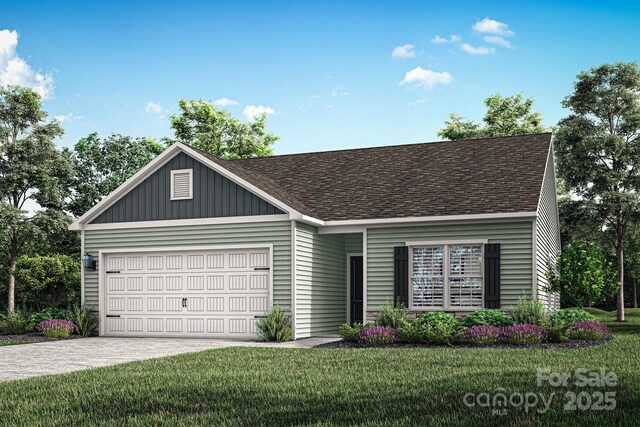 ranch-style house featuring driveway, a front yard, roof with shingles, and an attached garage