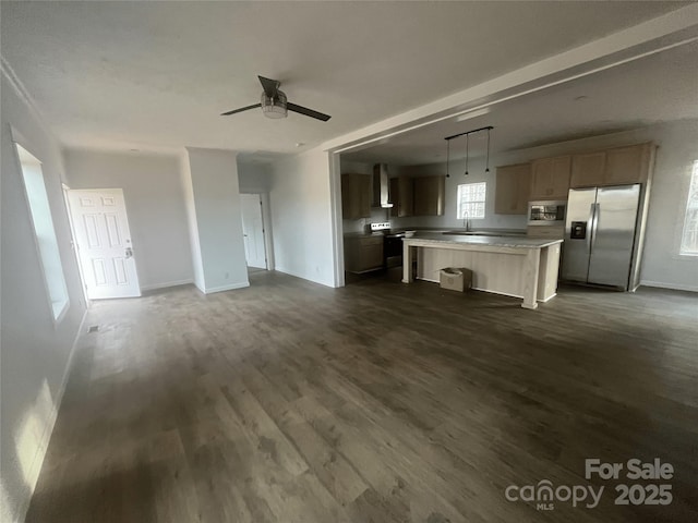 2070 Travis Rd, Conover, NC 28613 - unfurnished living room with dark wood finished floors, a sink, a ceiling fan, and baseboards