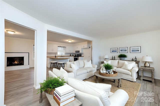 living room featuring a warm lit fireplace, baseboards, and light wood-style floors