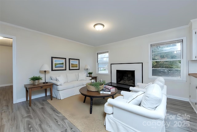 living area with a fireplace, baseboards, light wood-type flooring, and ornamental molding