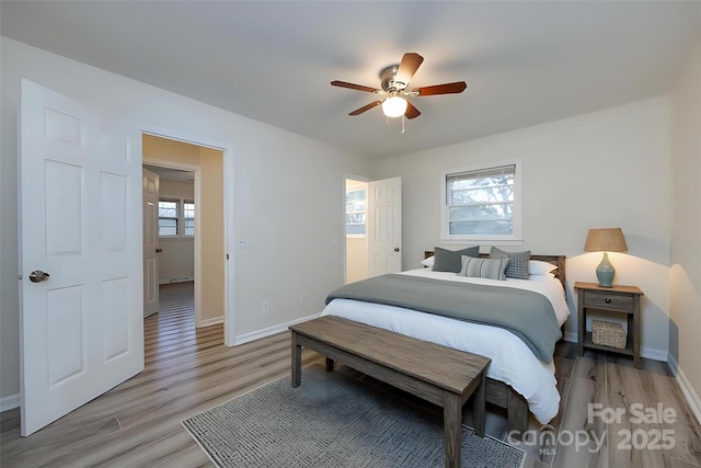 bedroom with multiple windows, light wood-style floors, and baseboards