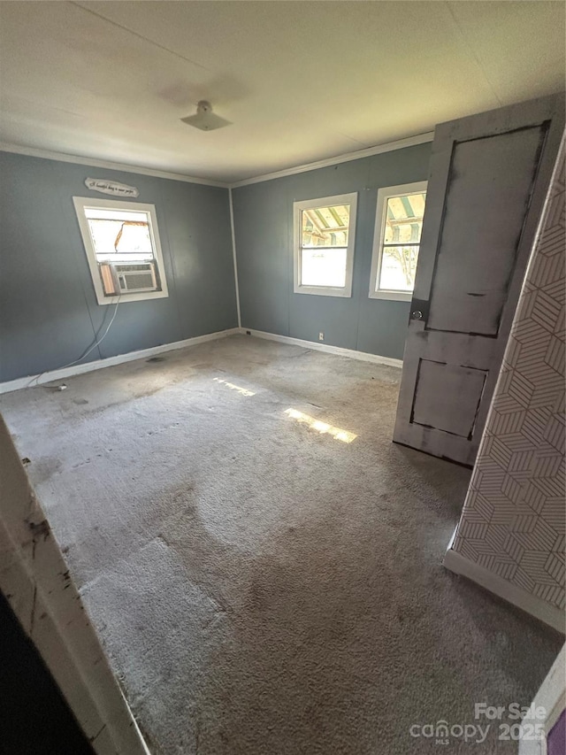 spare room featuring a wealth of natural light, carpet flooring, baseboards, and ornamental molding