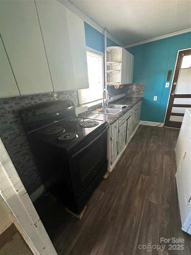 kitchen with backsplash, crown molding, dark wood finished floors, electric range, and a sink