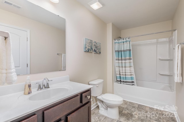 1512 Brooksland Pl, Waxhaw, NC 28173 - bathroom featuring toilet, vanity, shower / bathtub combination with curtain, baseboards, and stone finish floors