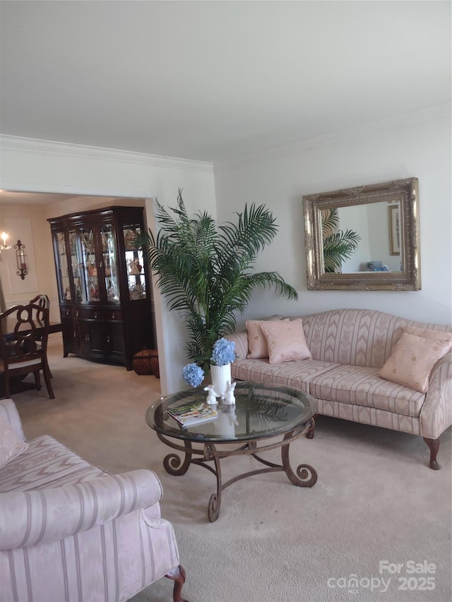 carpeted living area with ornamental molding