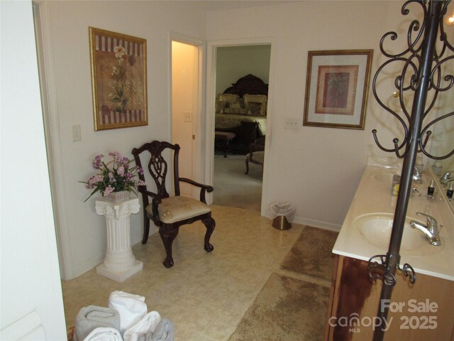 bathroom with baseboards, double vanity, and a sink