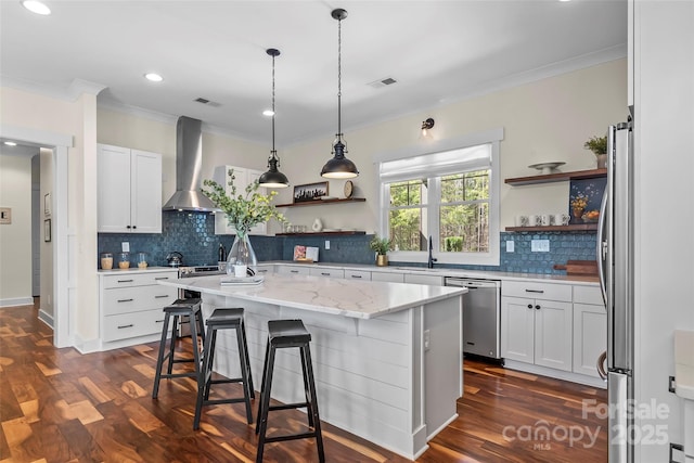 1289 Northview Dr, Morganton, NC 28655 - kitchen with wall chimney range hood, open shelves, appliances with stainless steel finishes, and crown molding