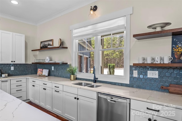 1289 Northview Dr, Morganton, NC 28655 - kitchen with white cabinets, open shelves, a sink, and dishwasher