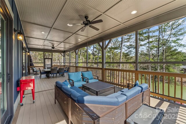 1289 Northview Dr, Morganton, NC 28655 - sunroom / solarium with outdoor dining area, a ceiling fan, and an outdoor hangout area