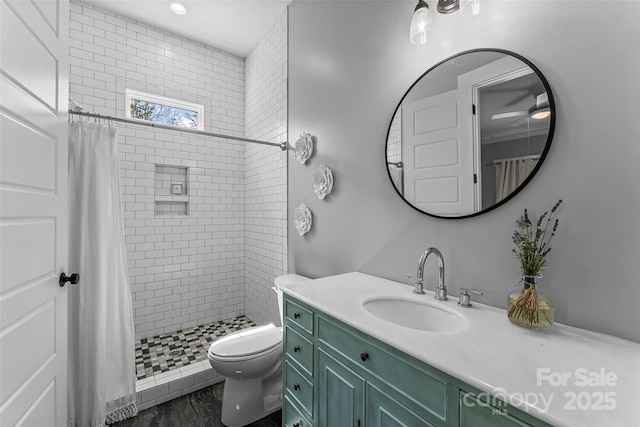 1289 Northview Dr, Morganton, NC 28655 - full bath with toilet, ceiling fan, a shower stall, and vanity