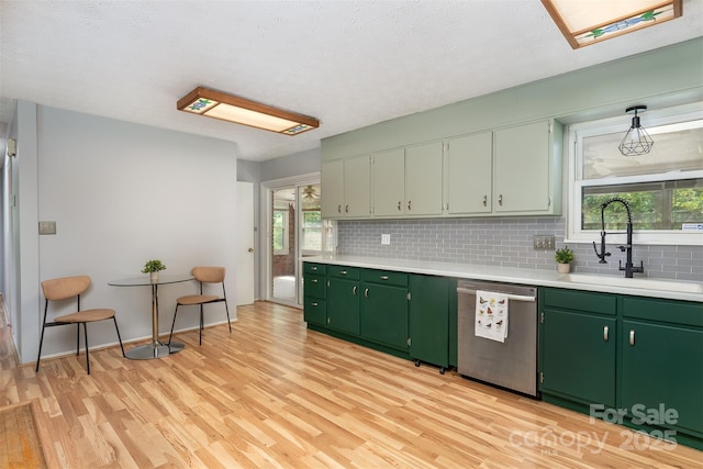 31 Vista Dr, Candler, NC 28715 - kitchen featuring dishwasher, light wood-style flooring, green cabinets, and backsplash