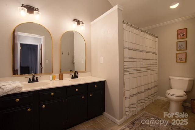 36 Poplar Ct, Fletcher, NC 28732 - full bathroom with toilet, double vanity, tile patterned flooring, ornamental molding, and a shower with shower curtain