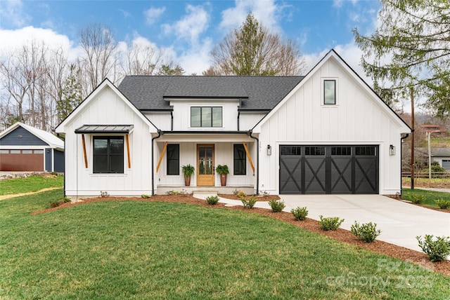 modern farmhouse with a standing seam roof, a front lawn, board and batten siding, roof with shingles, and driveway