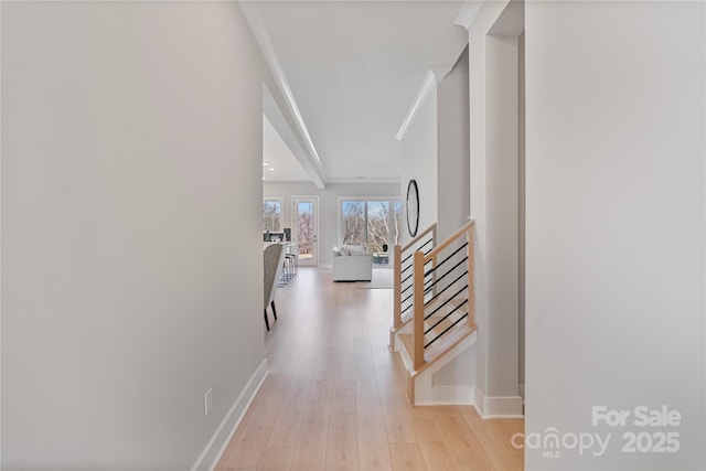 1132 Meander Ln, Waxhaw, NC 28173 - hallway with stairway, light wood-style flooring, and crown molding