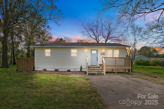 1116 Carolina Ave, Rock Hill, SC 29730 - view of front of property with fence, crawl space, a deck, and a front lawn