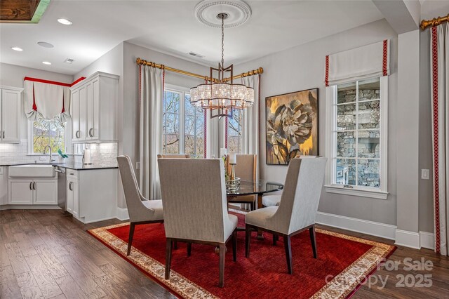 349 Stoneledge Trl, Arden, NC 28704 - dining room with visible vents, baseboards, an inviting chandelier, dark wood-style floors, and recessed lighting