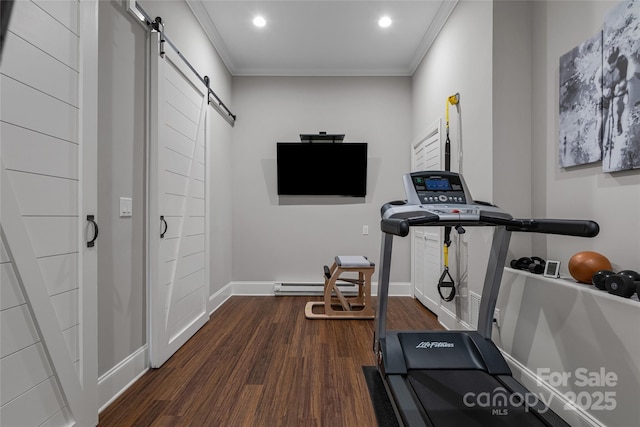 349 Stoneledge Trl, Arden, NC 28704 - workout room featuring a baseboard heating unit, dark wood-style flooring, ornamental molding, and a barn door