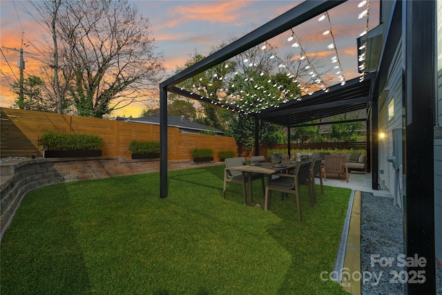 view of yard featuring a fenced backyard, an outdoor hangout area, a pergola, and a patio