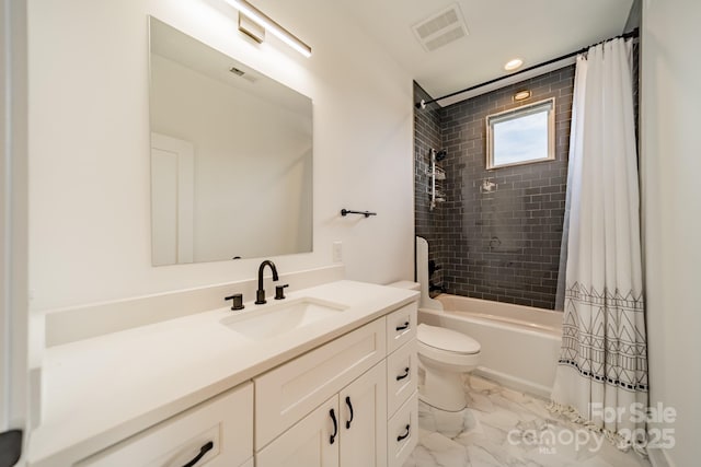 full bath featuring toilet, vanity, marble finish floor, visible vents, and shower / bath combination with curtain